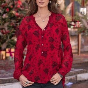 Sundance Elodie Red Black Floral Tiered Blouse Tunic Top XL Sheer Button